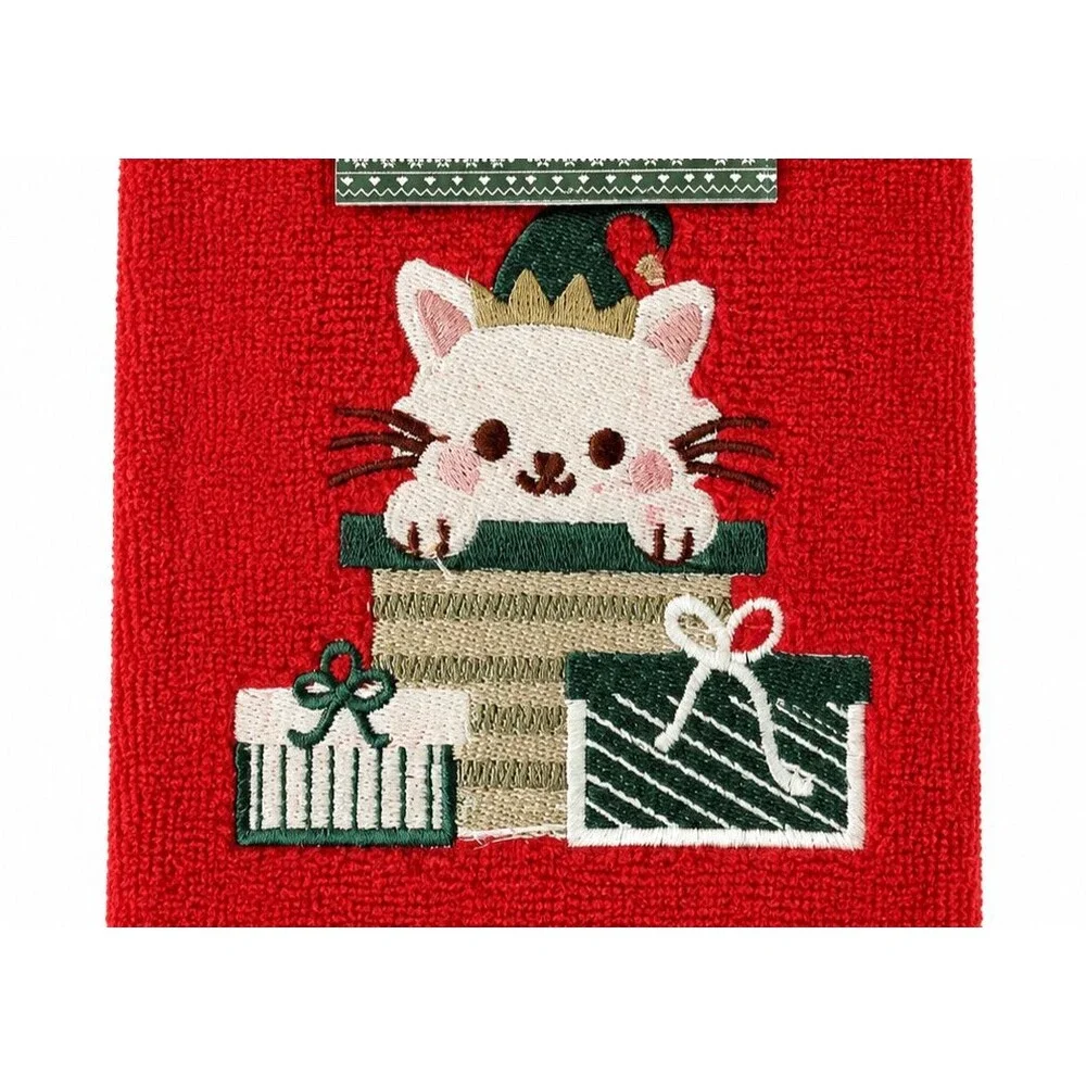 Christmas Kitty Cat Fingertip Towels Set of 2 Red Cotton Embroidered Holiday
